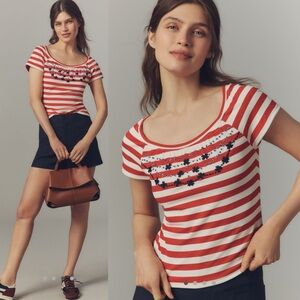 Maeve embroidered flowers scoop neck tee